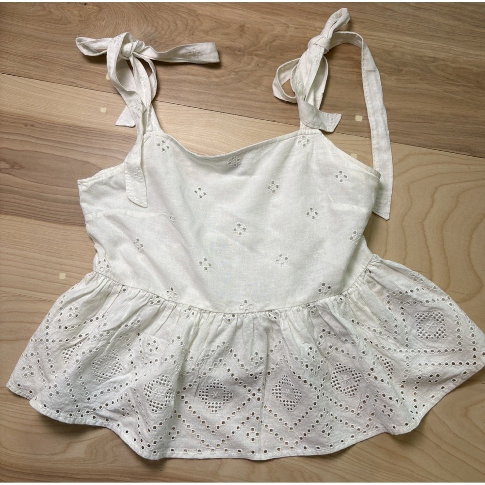 Madewell Rosalie Tie-Strap Summer Top Geo Eyelet Size M Bohemian Feminine White